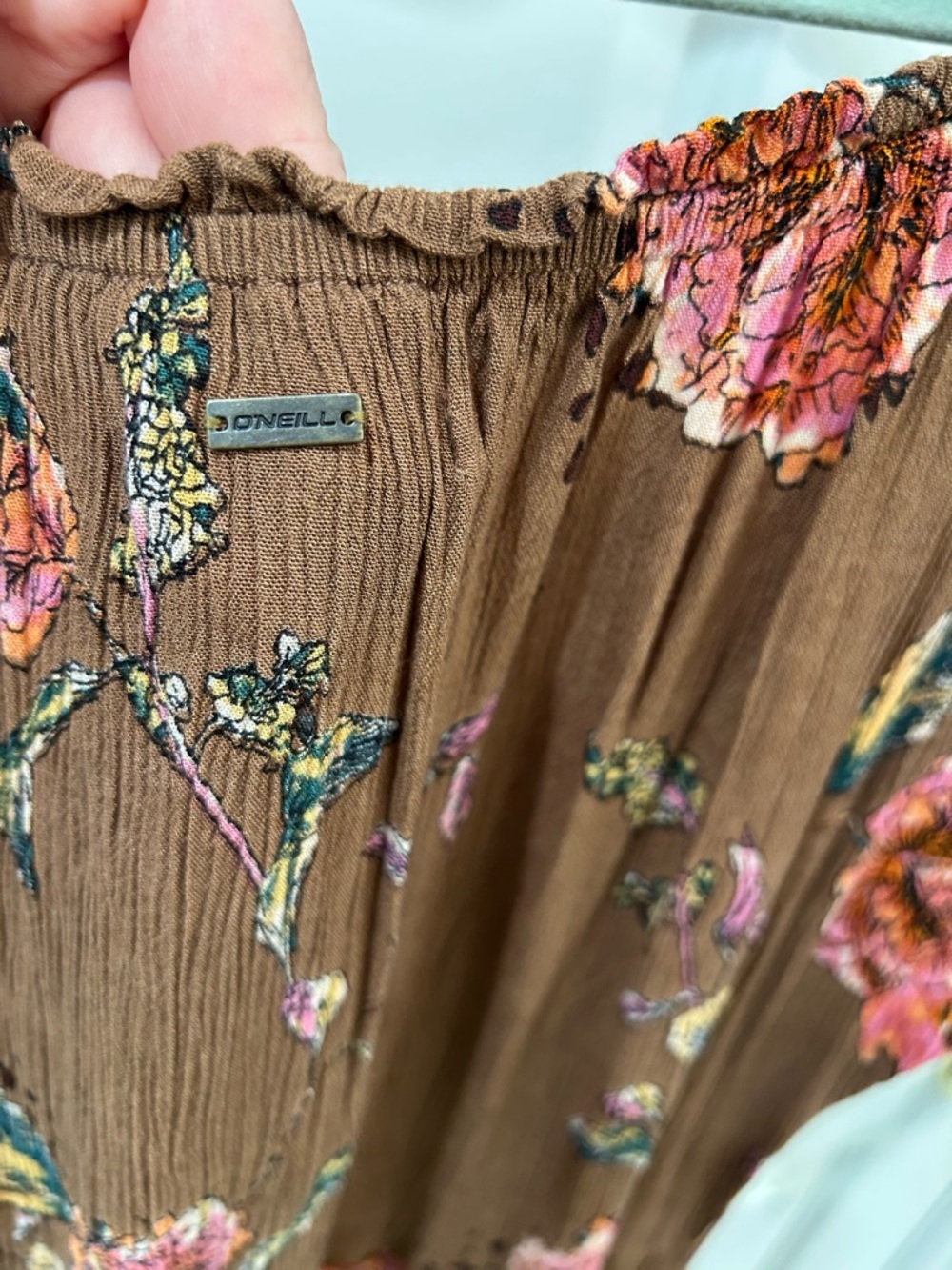 O'Neill Conners Off The Shoulder Midi Dress Crinkle Gauze Floral Boho Pink Brown - Picture 8 of 12